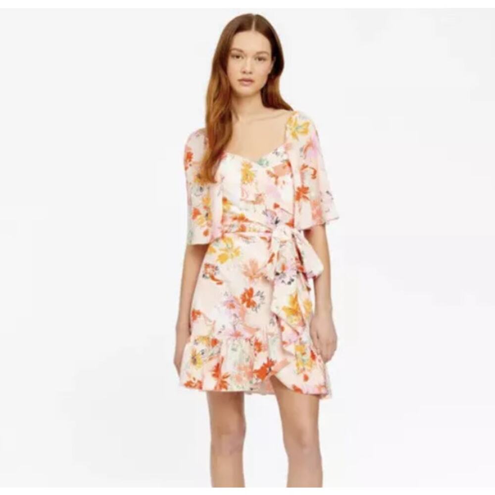 Tanya Taylor Anastasia Silk Bright Floral Faux Wrap Mini‎ Dress Women's 6 Girly
